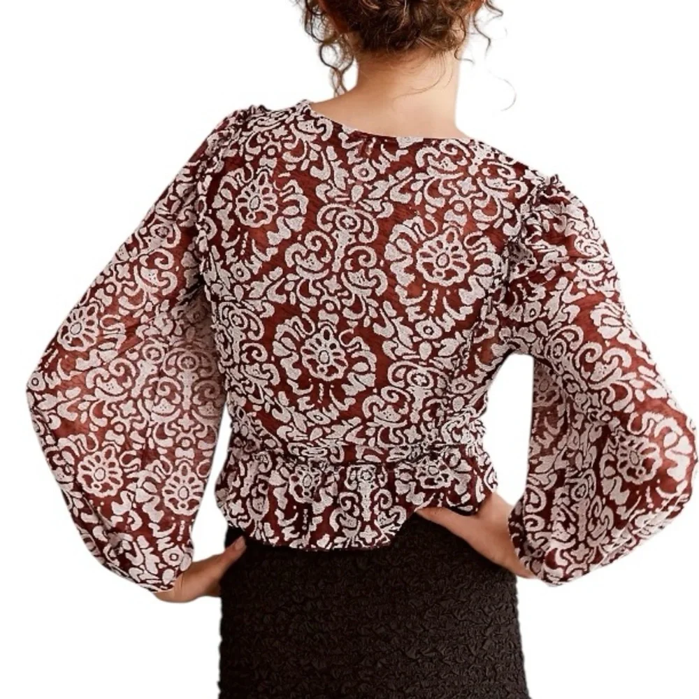 Anthropologie Brown Jacquard Ruffle Cropped Peasant Blouse - L